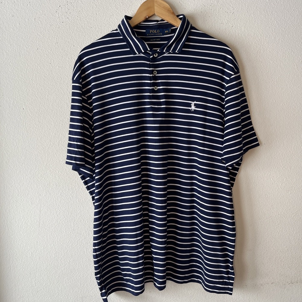 Polo Ralph Lauren Polo Shirt Men XXL Navy Blue White Stripe Pima Soft Touch Golf